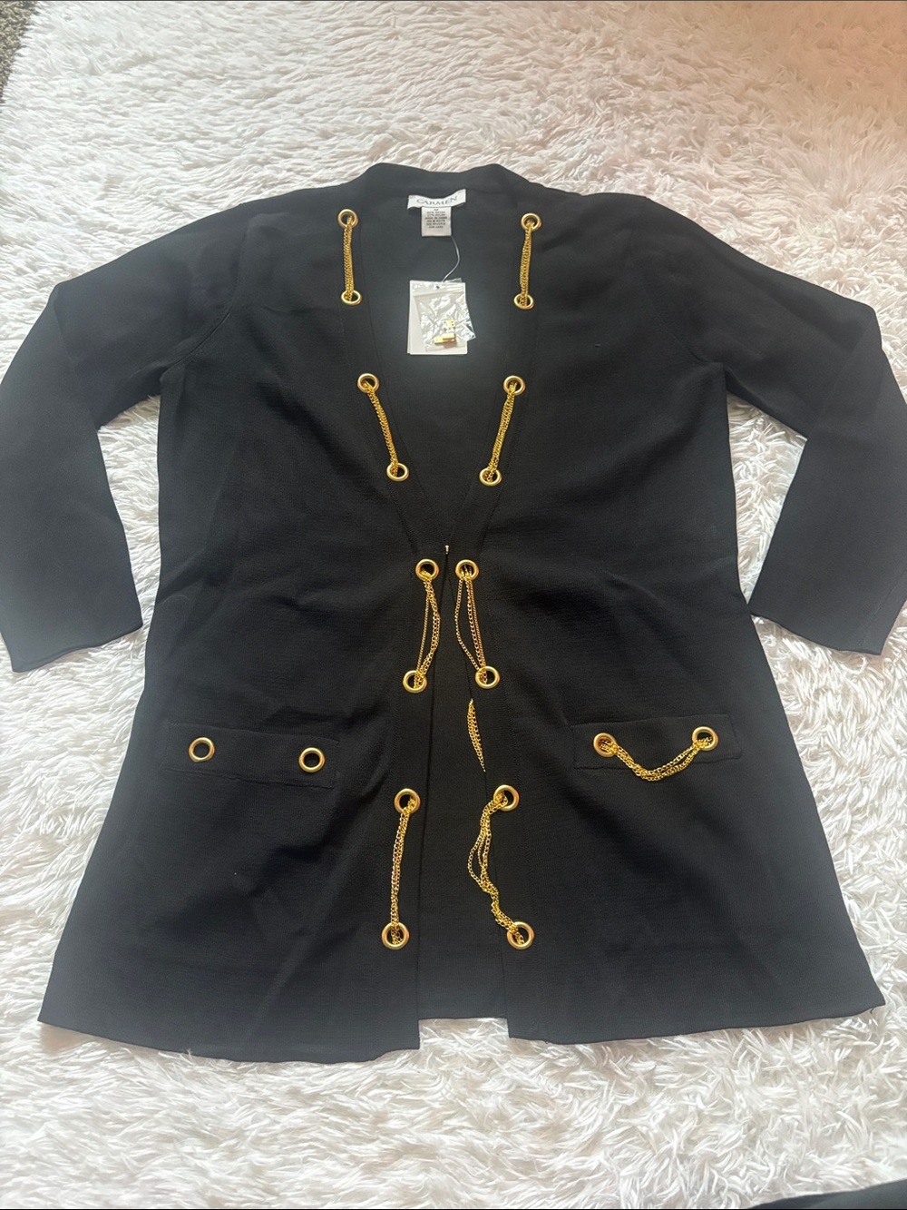 NWT Carmen Marc Valvo Black Long Sleeve Gold Chain Front V-Neck Sweater M